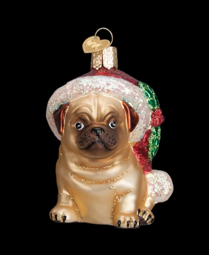 Holly Hat Pug, Mouth Blown Glass Ornament | Noel Eternel Store