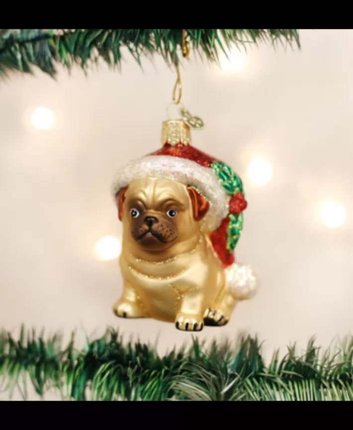 Holly Hat Pug, Mouth Blown Glass Ornament | Noel Eternel Store