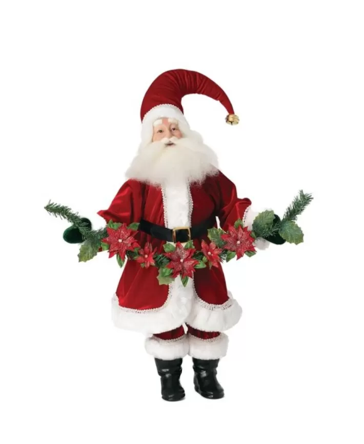 Red Velvet Santa With Poinsettia Garland 25In. | Noel Eternel Store